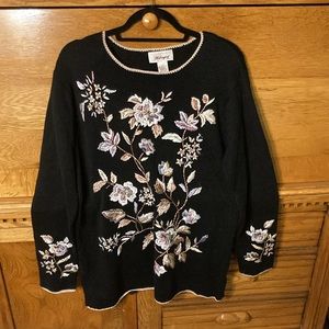 Vintage Worthington Black Floral Embroidered Beaded Chunky Knit Sweater